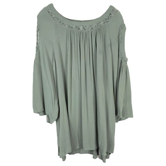 Catherines‎ Plus Size 2X 22W 24W Top Green Cold Shoulder Crepe Crochet Lace 322 - Picture 1 of 8